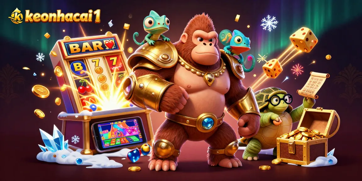 Visualize keonhacai1 with powerful characters in a vibrant casino scene filled with slot machines and dynamic game elements.