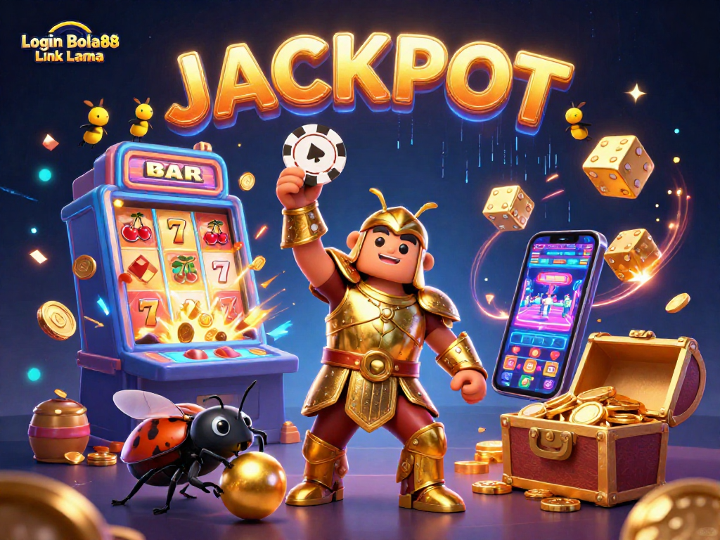 Experience exciting wins with Login Bola88 Link Lama in a vibrant casino-themed illustration.