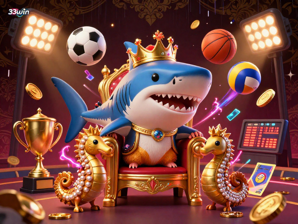 Experience sports betting excitement with 33win, featuring a golden hamster king and vibrant elements.
