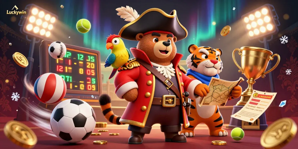 Engage in thrilling sports betting action at Luckywin with pirates, trophies, and shimmering elements.