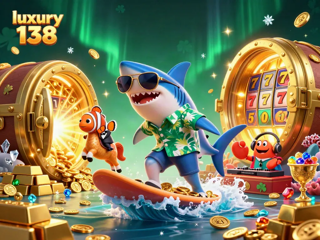 Experience the thrill of luxury 138 with a vibrant 3D casino scene featuring playful marine characters.