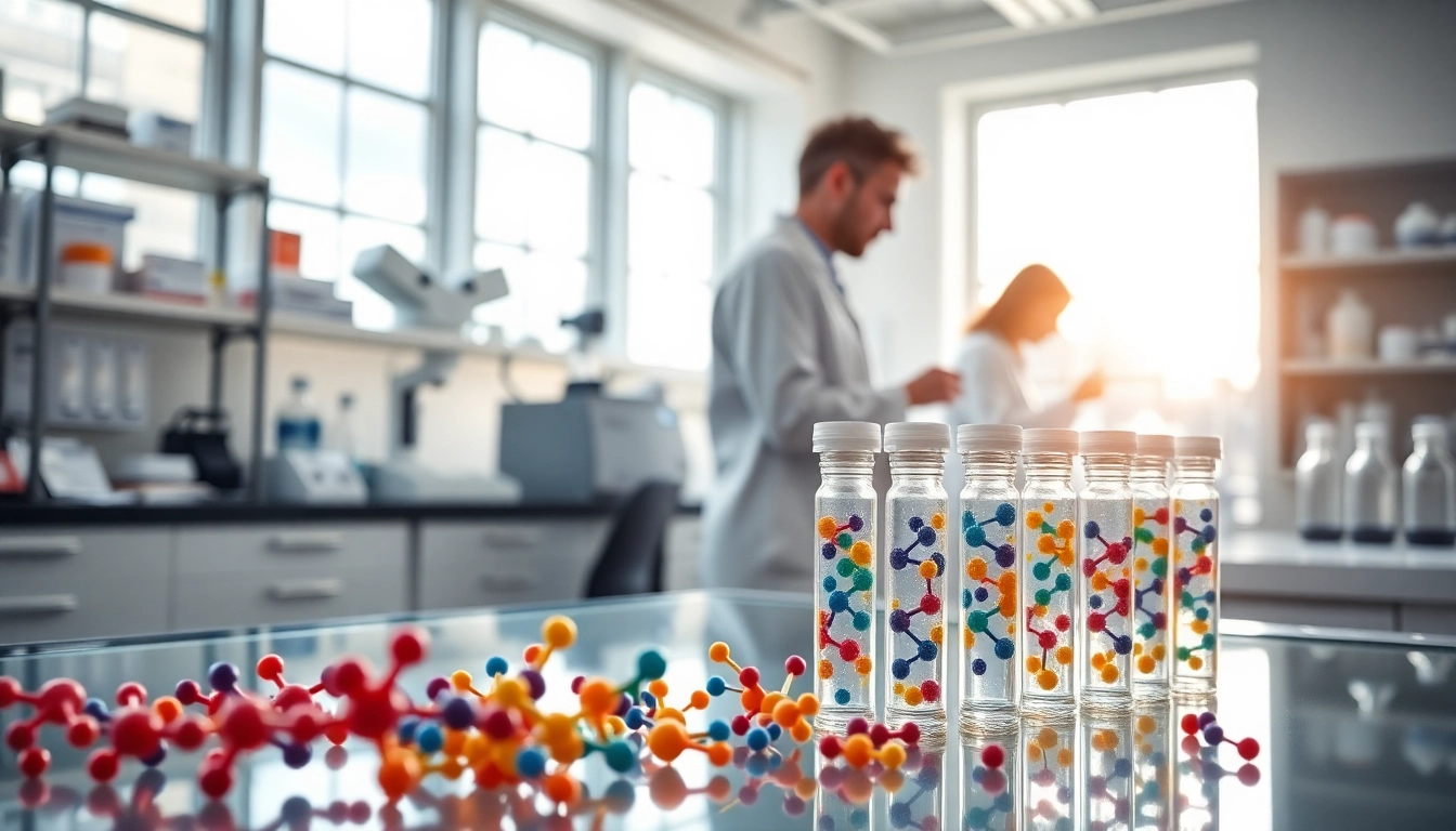 Analyzing research peptides in a vibrant lab setting with scientists focused on discovery.