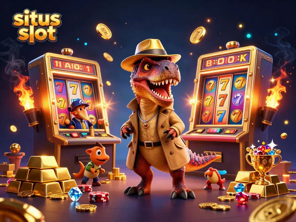 Menggandakan keberuntungan di situs slot dengan velociraptor dan stegosaurus, suasana kasino yang kaya.