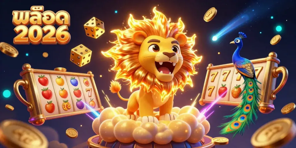 Engage with สล็อต 2026 in an exciting 3D casino scene featuring a roaring lion and spinning slot reels.