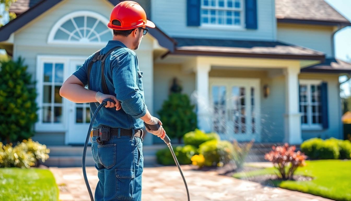 House Washing professional cleaning a home's exterior with a pressure washer in bright daylight.