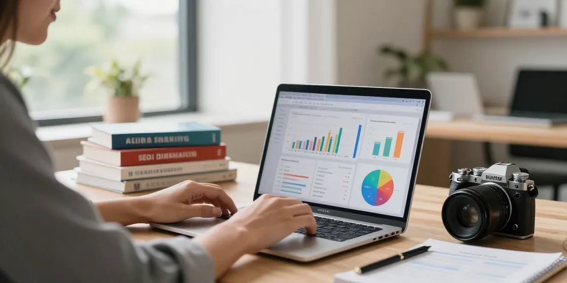 PBN links for affiliate sites analysis in an inviting online marketing workspace, showcasing colorful graphs and SEO books.