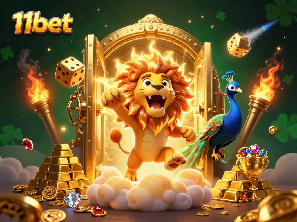 Experience the vibrant energy of 11bet with dazzling gold treasures, a roaring lion, and dynamic casino elements.