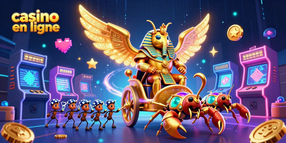 Plongez dans l'univers du casino en ligne avec un scarabée doré majestueux et des scorpions précieux tout en jouant.