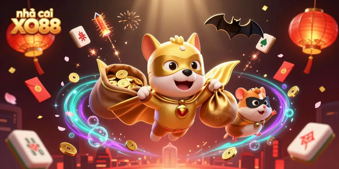Engage with the vibrant atmosphere of nhà cái XO88 through this captivating 3D illustration of a superhero dog and hamster.