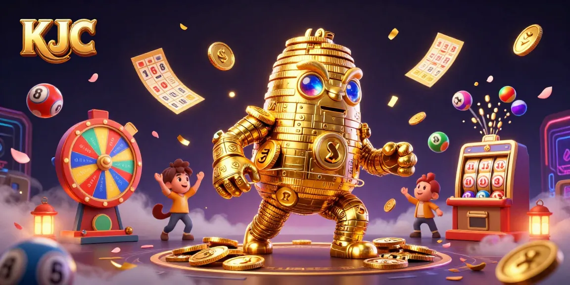 KJC's ancient golden golem celebrates with a vibrant array of lottery elements in a dynamic casino scene.