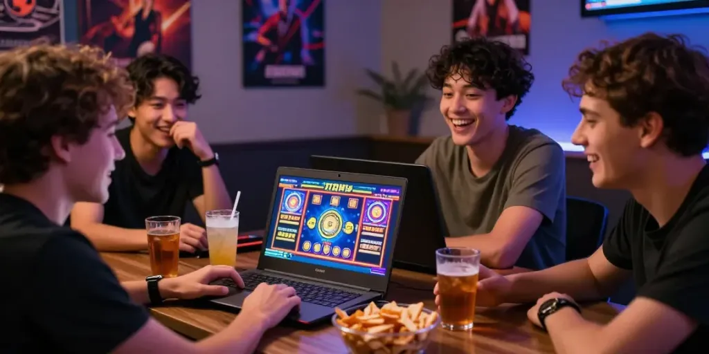 Suasana bermain slot online bintang77 dengan teman-teman yang ceria dan penuh semangat.