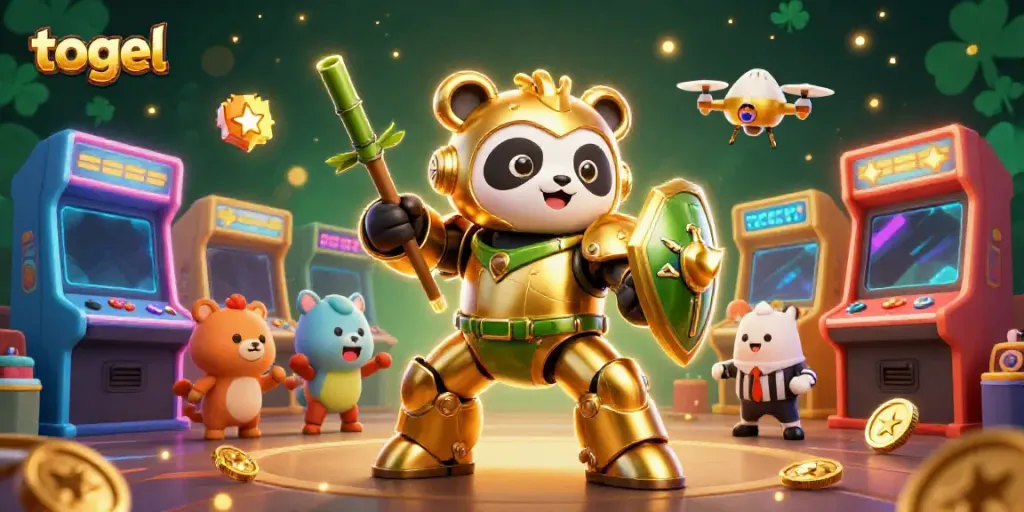 Engaging illustration of togel gameplay with a mech-suit panda and arcade elements.