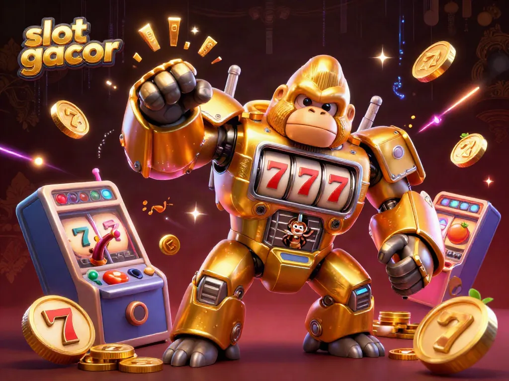 Experience the excitement of slot gacor with dynamic visuals of a golden gorilla mech surrounded by slot reels and lucky 7s.
