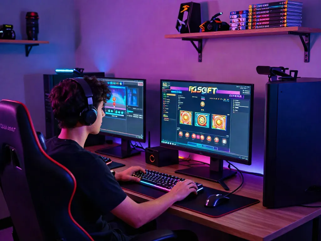 Engaged player enjoying slot thailand games in vibrant gaming setup.