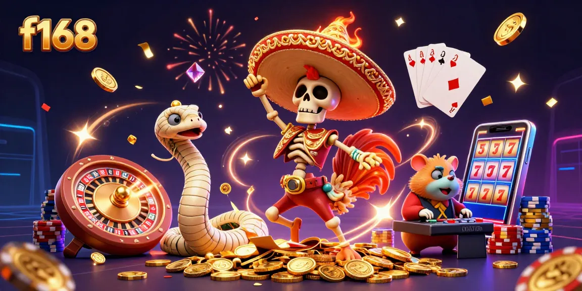 Experience the thrill of f168 with vibrant gaming action featuring unique characters in a festive casino scene.