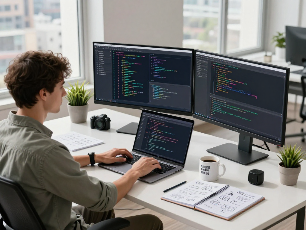 AI gf development workspace featuring coding on monitors and innovative gadgets.