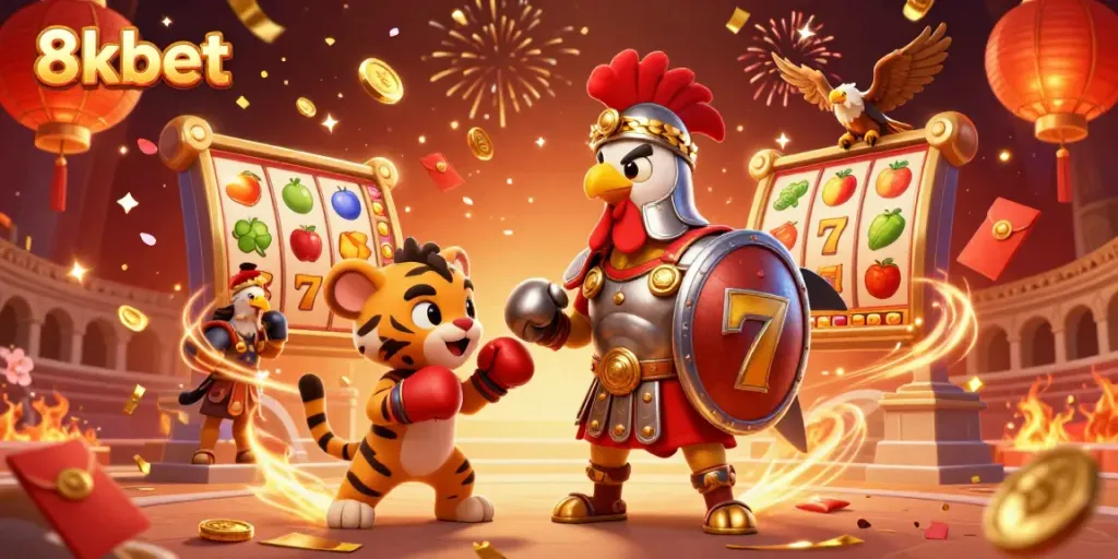 Experience thrilling gameplay with 8kbet in this vibrant casino scene featuring characters and slot elements.