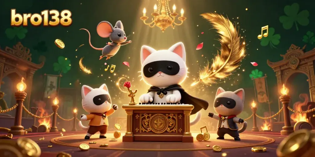 Engage with the vibrant bro138 casino experience featuring a playful white cat and mouse acrobat.