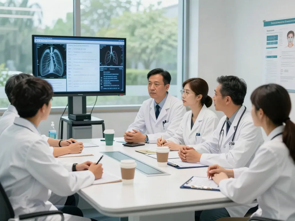 Lung cancer specialists in Abu Dhabi collaborating on patient treatment plans in a modern hospital setting.