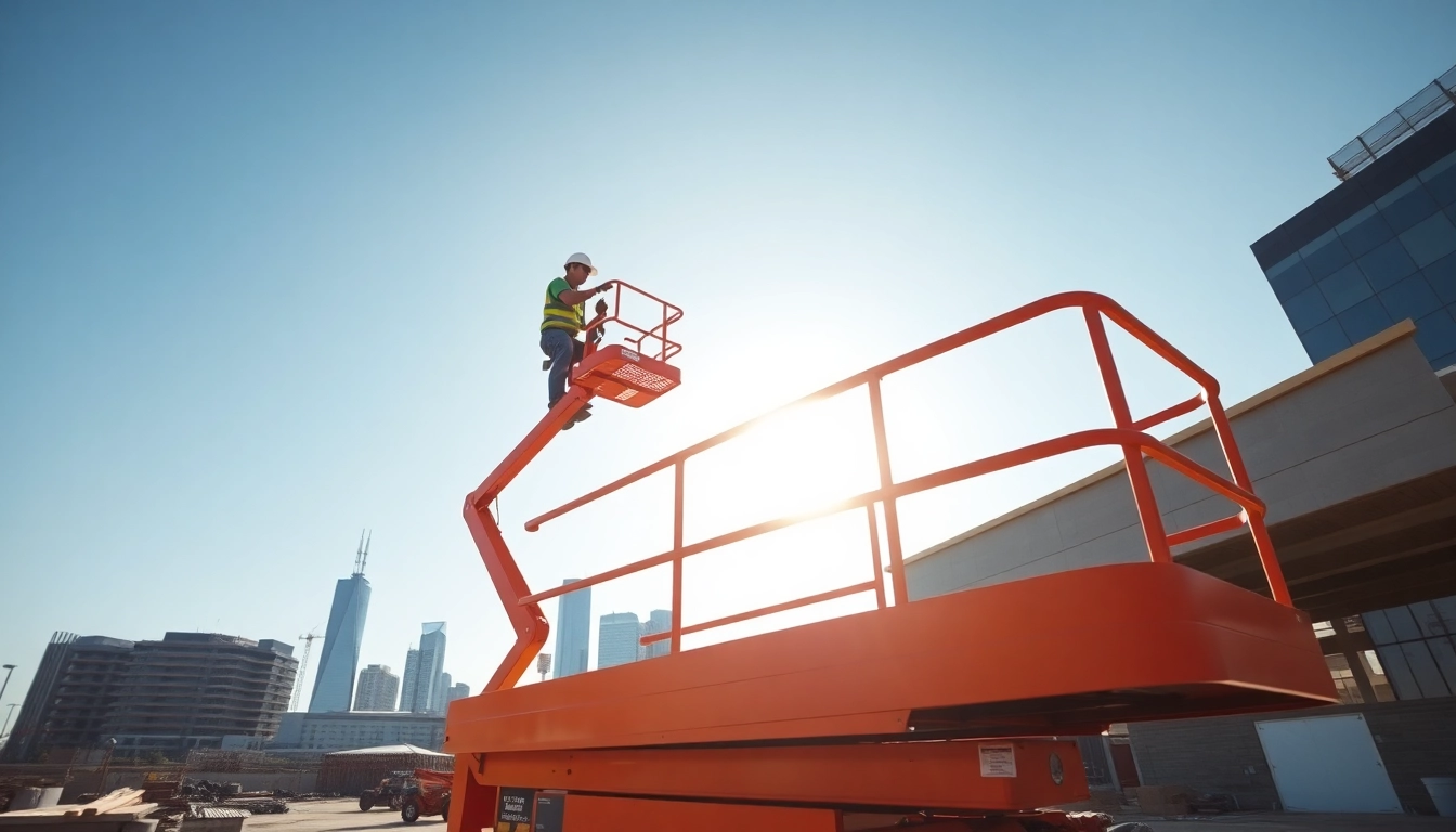 Worker operating a genie lift at a bright construction site, showcasing its reach and capabilities.