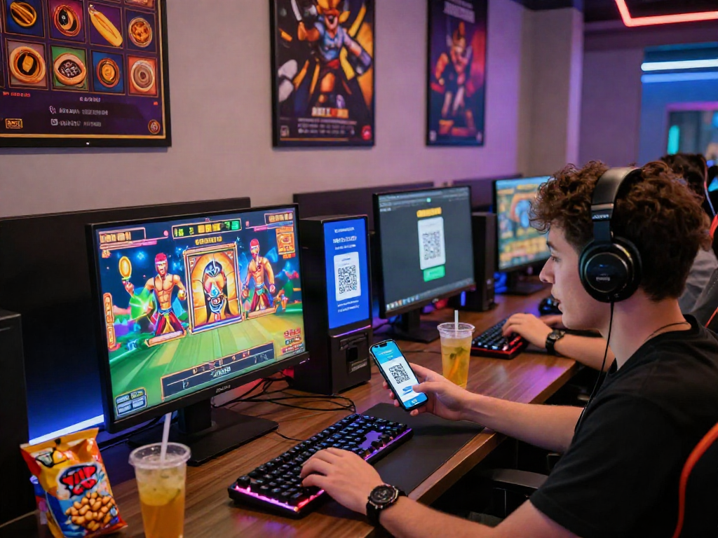 Player enjoying slot deposit QRIS on a dynamic desktop gaming setup with vibrant graphics and cozy atmosphere.