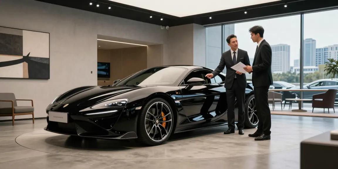 Menampilkan LUXURY 777 di showroom mobil mewah dengan desain modern dan suasana glamor.