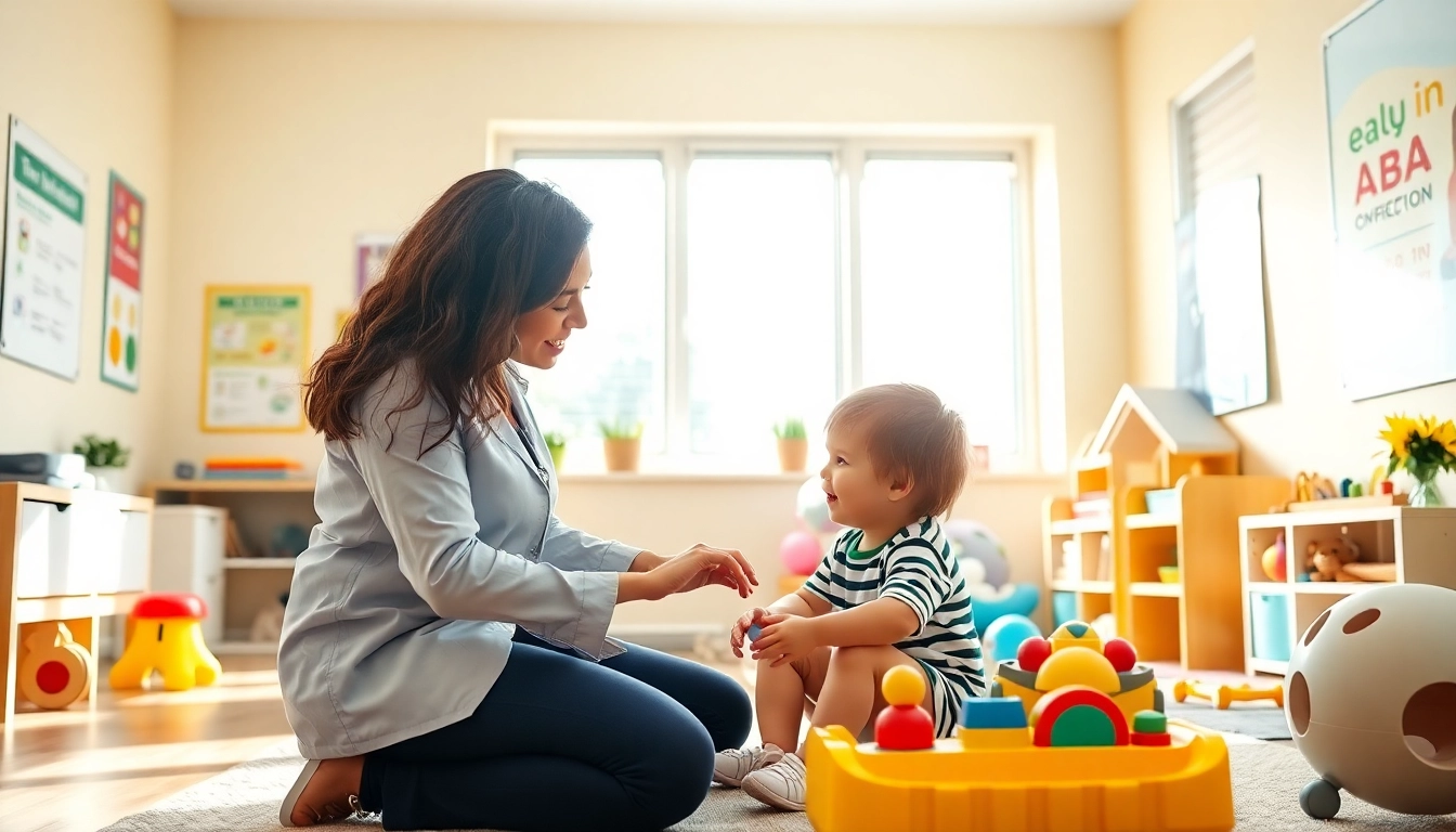 Engaged child learning through play with early intervention ABA therapist in a bright therapy room.