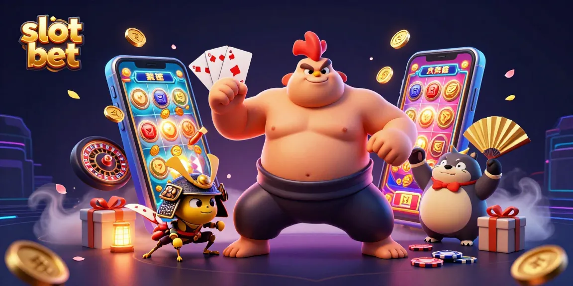 Slot bet dengan ilustrasi ayam sumo dan samurai, menunjukkan aksi kemenangan dalam permainan slot.