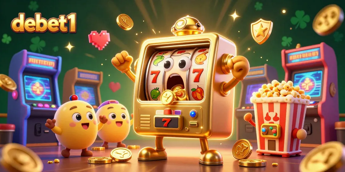 Catch the fun with debet1 as the joyful slot machine hits a jackpot amidst cheering companions!
