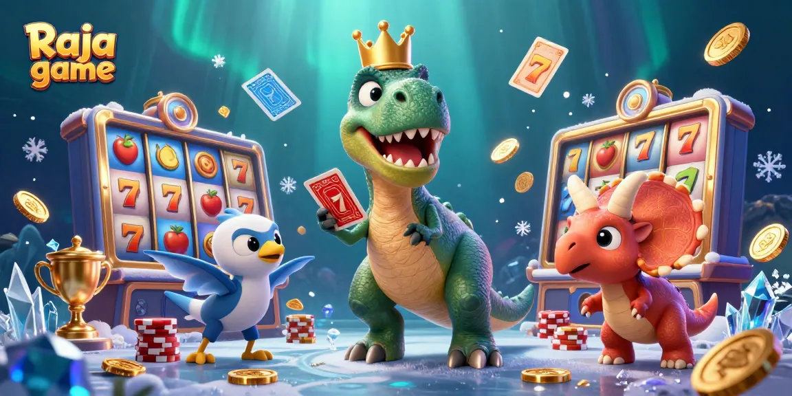 Join the fun at Raja game with our lively T-Rex and friends in an exciting casino scene.