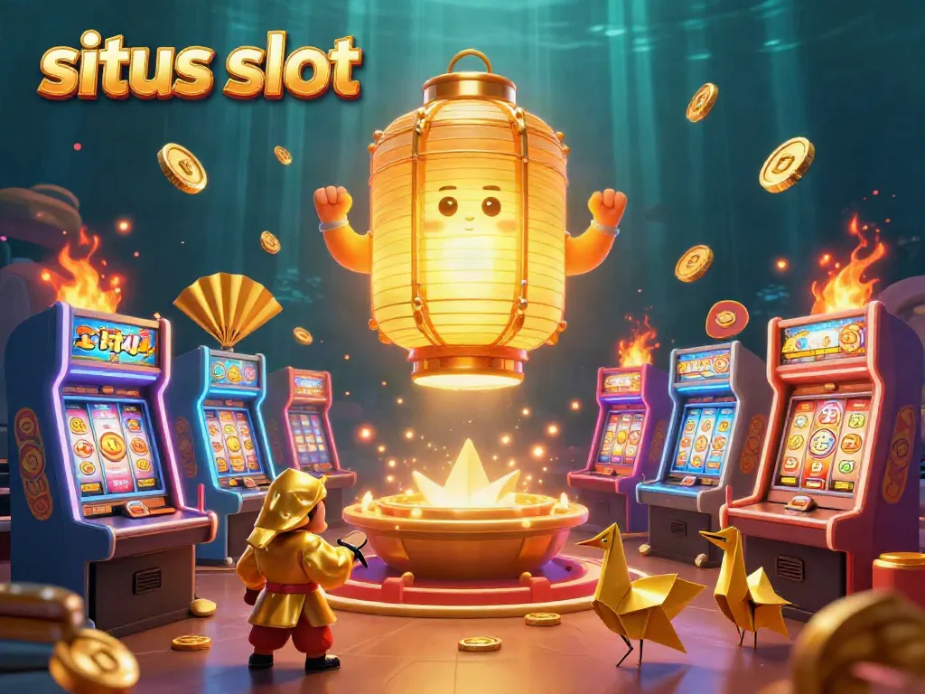 Engage with situs slot in a vibrant casino setting featuring a glowing lantern spirit and dynamic slot machines.
