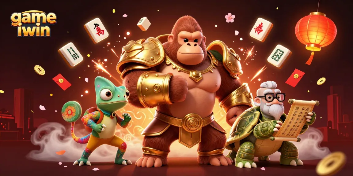Engage with the game iwin as a powerful 3D gorilla king boasts victory, surrounded by vibrant gambling elements.