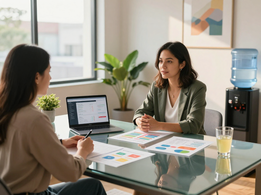 Wellness consultant discussing strategies with a client, featuring mantra88 plans and healthy metrics in a bright office.