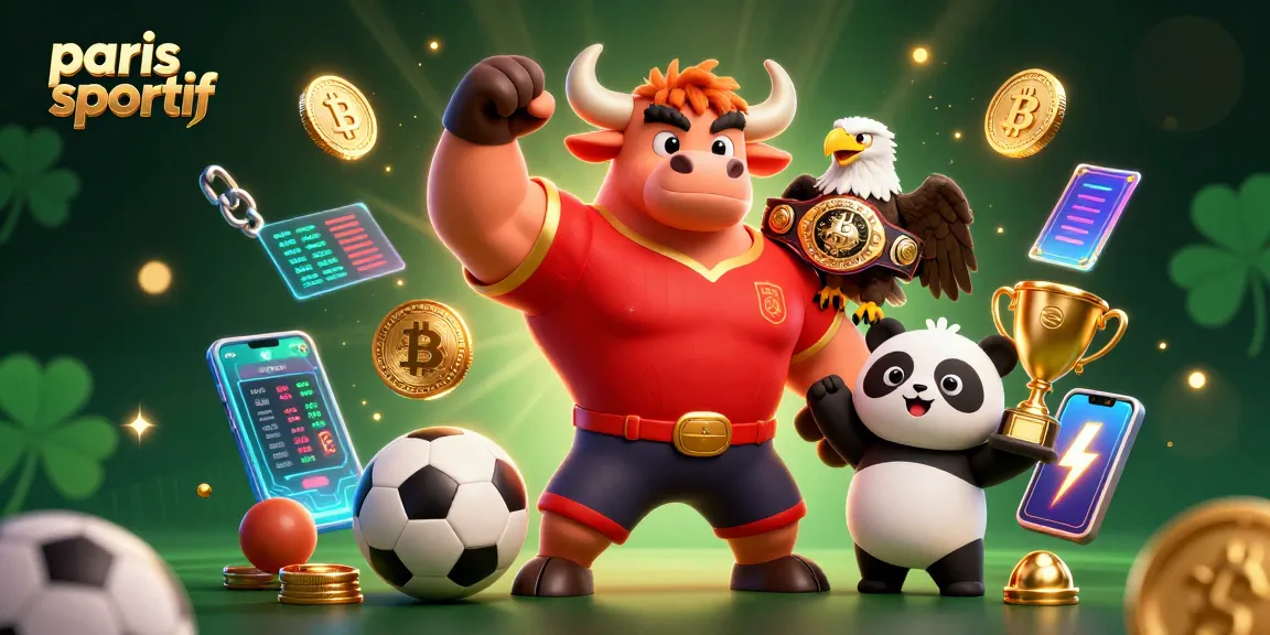 Pariez sur le sport avec paris sportif, une mascotte de taureau victorieux et un aigle, entourés d'éléments de jeu.