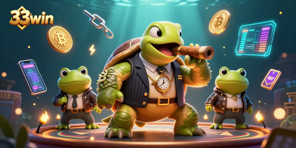 Experience the excitement of 33win while enjoying vibrant casino-themed visuals and crypto elements.