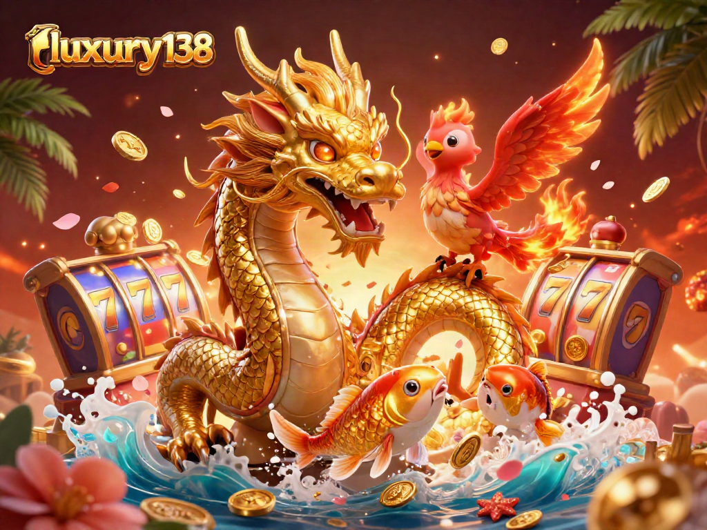 Mainkan slot menarik di luxury138 dengan naga emas dan phoenix merah melayang di atas hujan koin.