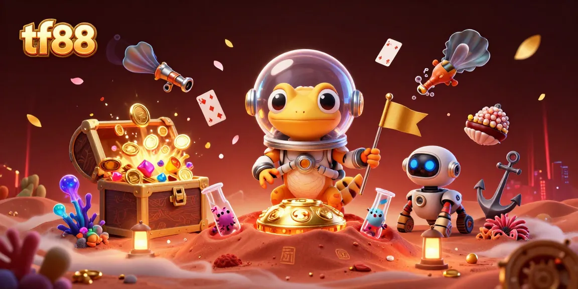 tf88 captures the excitement of online gambling with a Martian gecko discovering a golden casino.
