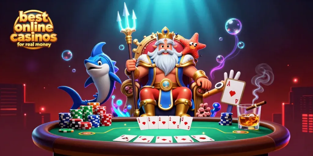 Experience vibrant 3D illustration showcasing the best online casinos for real money, featuring Neptune and gaming elements.