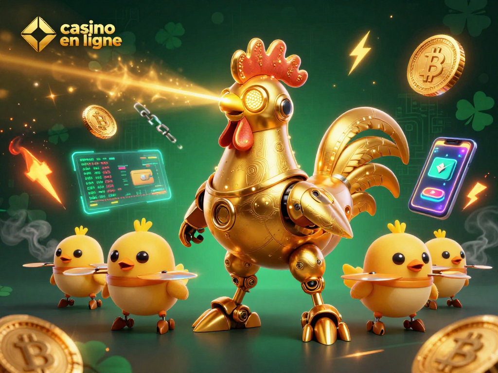 Jouez au casino en ligne avec l'impressionnante vision d'un robot coq en or, illuminé par des éléments de crypto-monnaies.