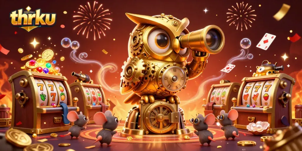 Engage with the thrilling casino atmosphere at thrku, featuring vibrant slot machines and a lively owl guardian.