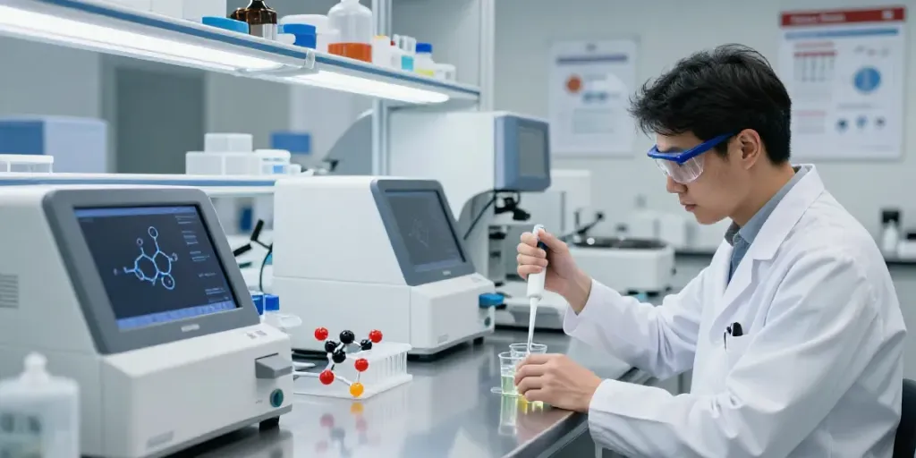 Scientist working with Swiss Chem peptides in a high-tech lab.