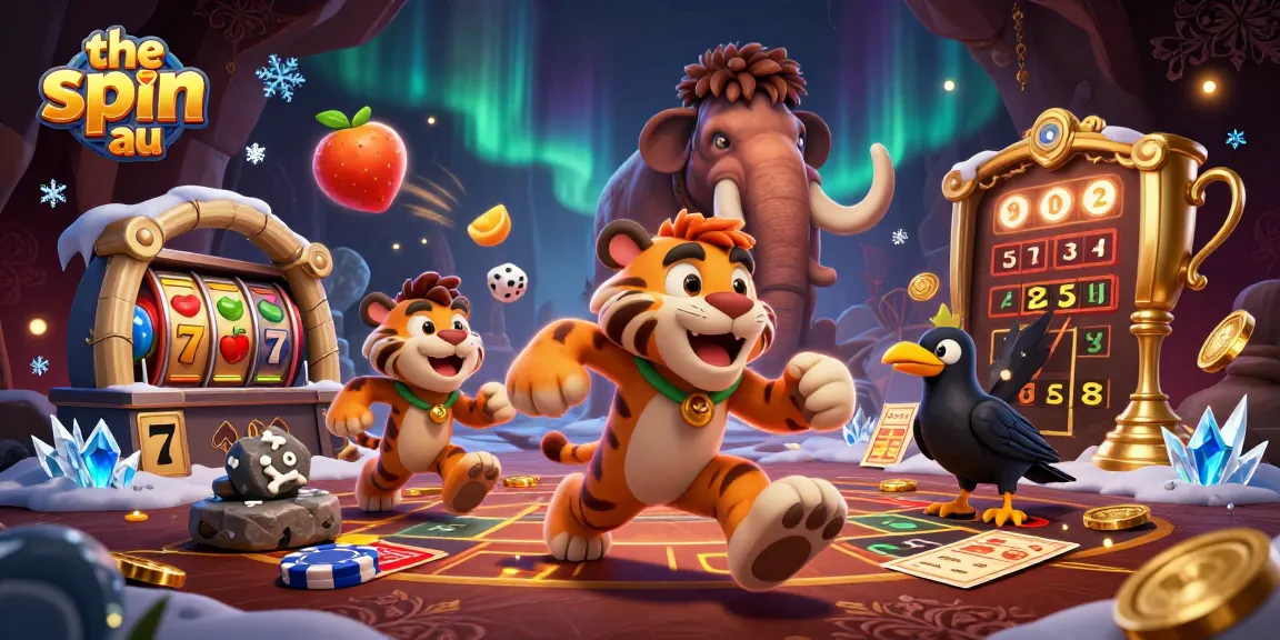 The spin au showcases a lively scene of cavemen and a sabertooth tiger managing a prehistoric casino with dynamic slot elements.