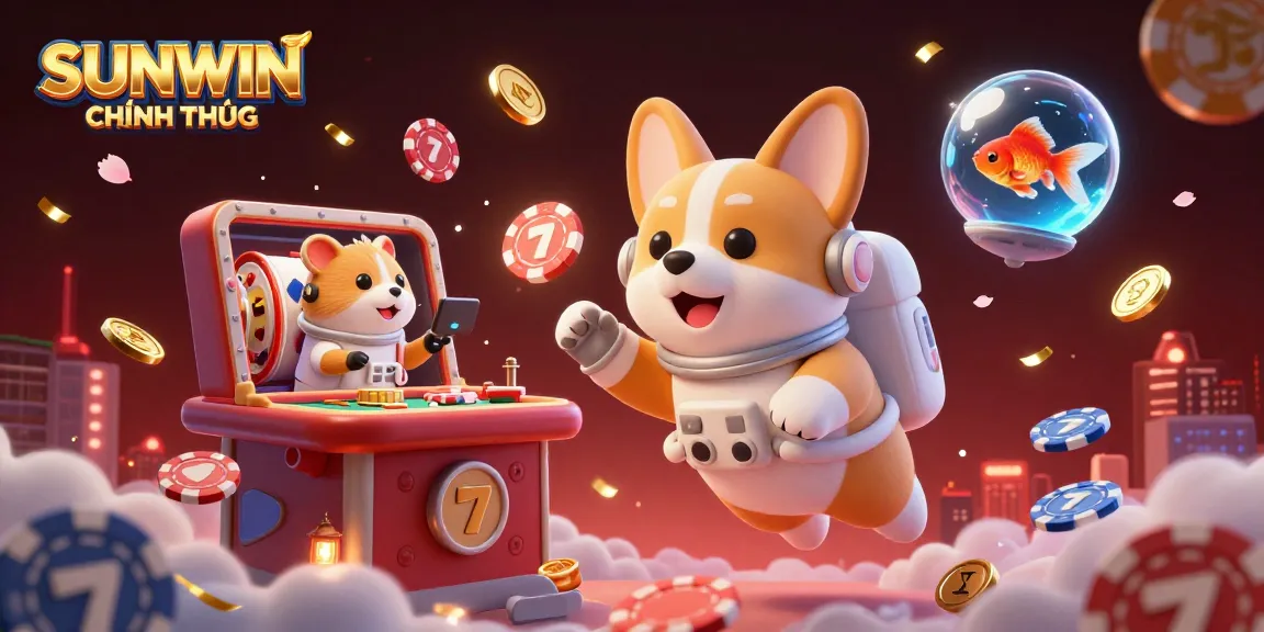 SUNWIN CHÍNH THỨC highlights an astronaut corgi in a vibrant casino space setting with floating slots.