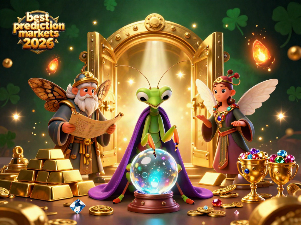 Engaging scene with a praying mantis fortune teller depicting best prediction markets 2026 inside a magical casino