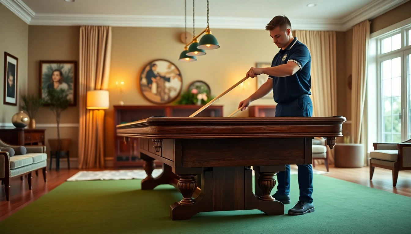 Pool table mover expertly positioning a classic table in a refined game room setting.