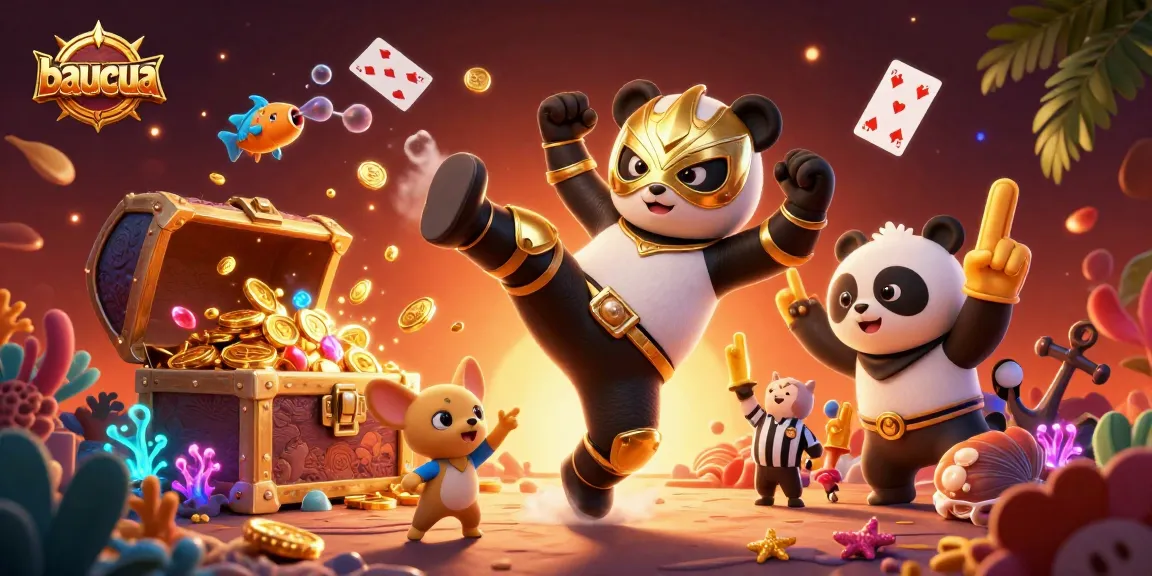 Engage in a lively baucua game with colorful characters and vibrant casino elements surrounding a bustling scene.
