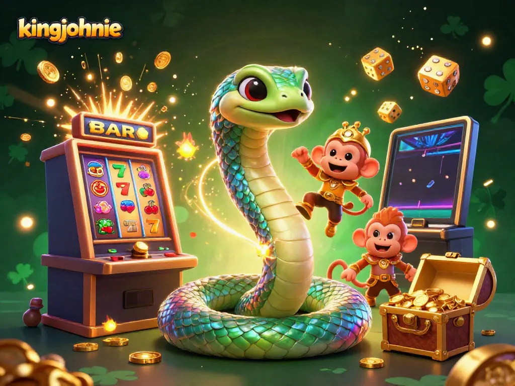 Spin to win with kingjohnnie's vibrant 3D casino scene featuring a jackpot explosion and colorful game elements.
