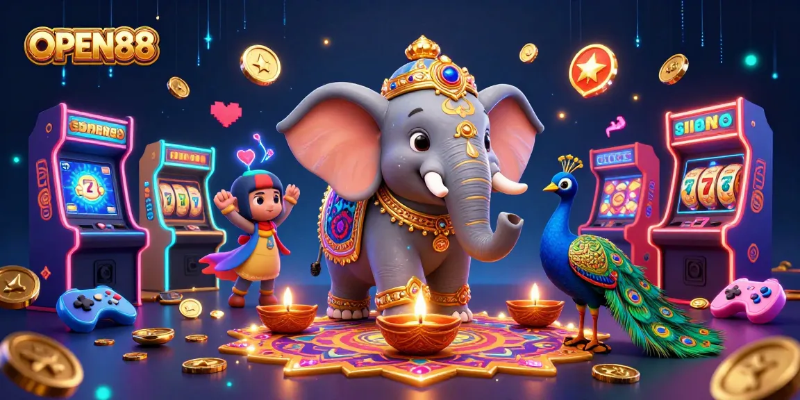 Experience gaming excitement with OPEN88's vibrant casino elements and dynamic characters.