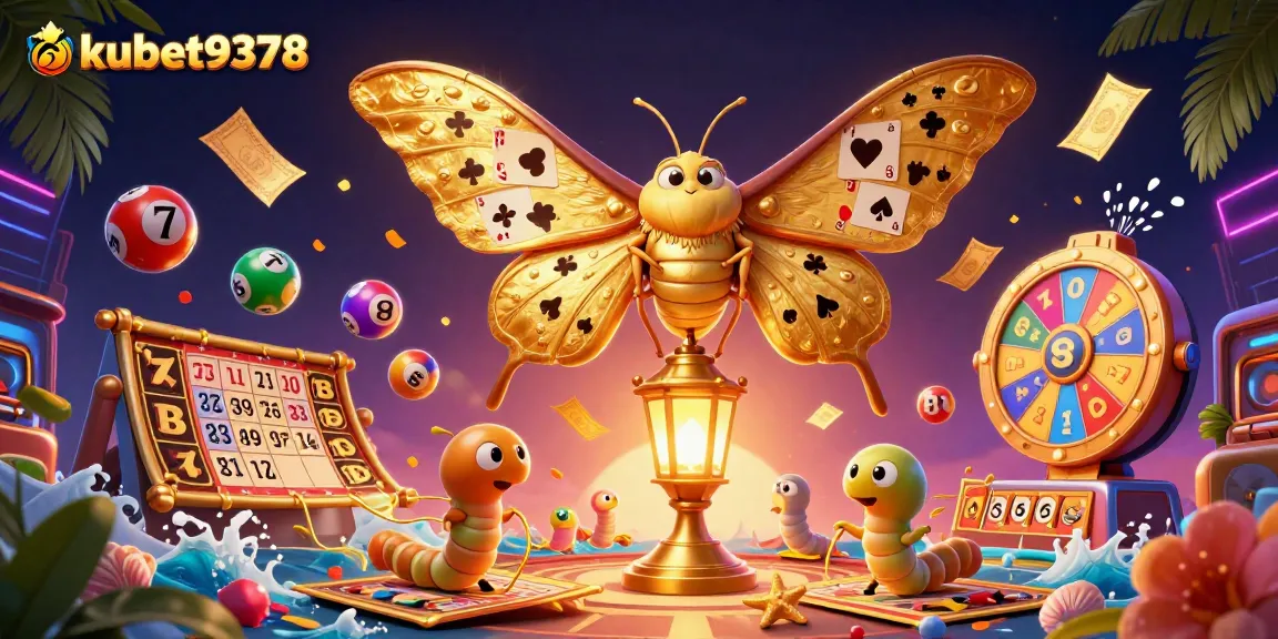 Engage in thrilling casino action with kubet9378's vibrant illustration of a golden moth and exciting game elements.
