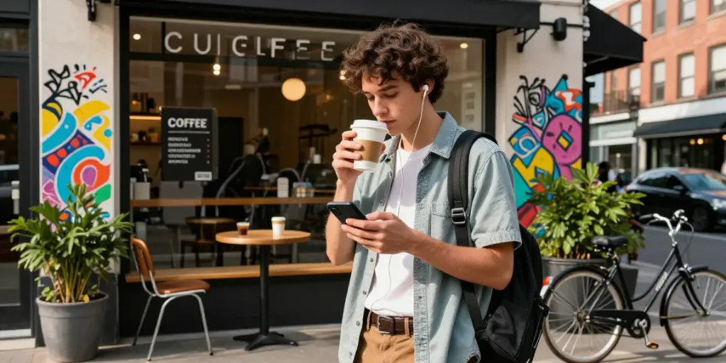 Seorang pengguna diana4d menikmati kopi di kafe urban dengan gaya modis dan smartphone di tangan.